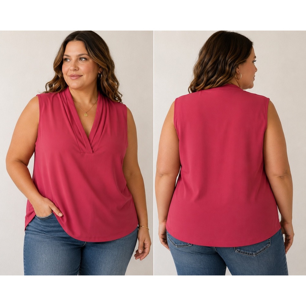 Anne Klein Womens 3X Sleeveless Blouse Raspberry Pink Draped V-Neck NWT Plus